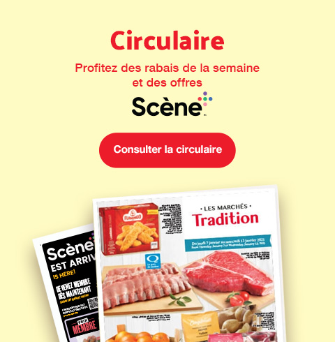 Lecture du texte : "Circulaire, faites le plein des promotions de la semaine et découvrez toutes les offres de Scéne Plus. Pour en savoir plus, cliquez sur le bouton 'Voir le prospectus' de Scéne Plus."