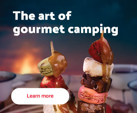 Text Reading "The art of gourmet camping" along with 'Learn more' button in the bottom.