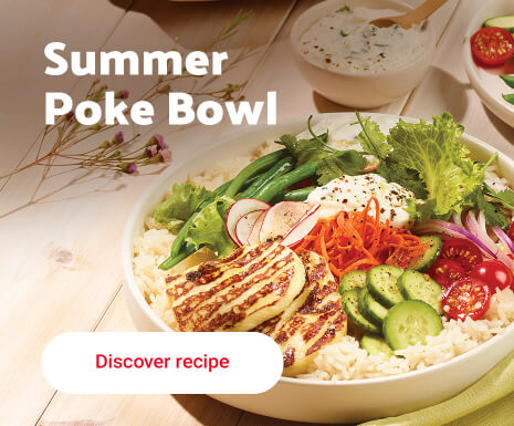 Text Reading "Summer Poke Bowl" along with 'Discover recipe' button in the bottom.