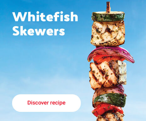 Text Reading "Whitefish Skewers" along with 'Discover recipe' button in the bottom.