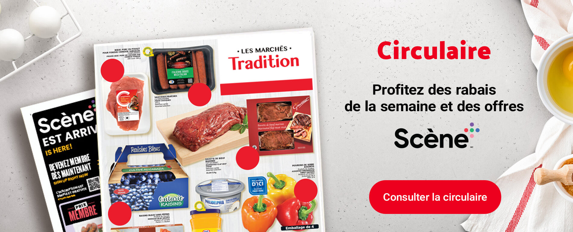 Texte lecture "Enregistrez toutes les spécialités de cette semaine et voyez toutes les offres de la scène plus en cliquant sur le bouton Voir le flyer."