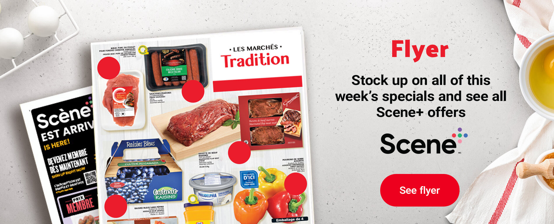 An image where text reading " Flyer, Stock up on all this week's specials and see all scene plus offers." along with See Flyer button in the bottom.
