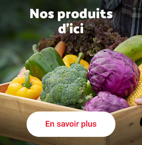 Une image montrant les mains d'une personne remettant un paquet de légumes à une autre personne en arrière-plan, ainsi que le texte "Nos produits d'ici". Au bas des images se trouve également un bouton "En savoir plus".