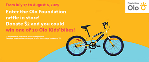 Text reading: "From July 17 to August 6, 2025. Enter the Olo Foundation raffle in store! Donate $2 and you could win one of 10 Olo Kids’ bikes. Complete raffle rules can be found at tlrageolo.com."