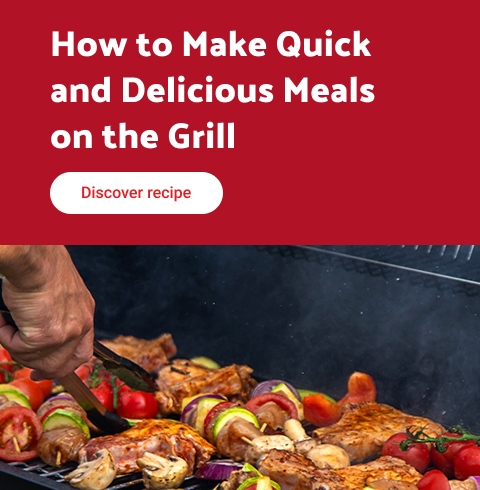 Text reading: "Grilled pork chops with corn salad. Discover recipe.' Image shows four grilled pork chops on a wooden board beside a bowl of corn and tomato salad."